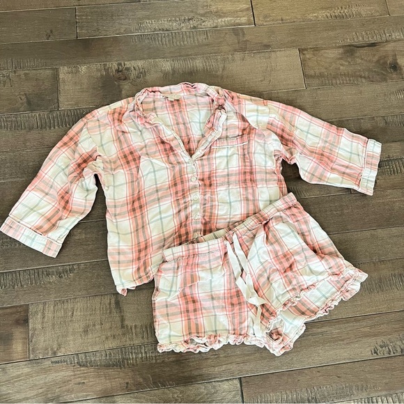 LOFT Other - LOFT Sleep Pajamas Set Shorts Top Spring M Orange Pink Women’s Plaid Striped